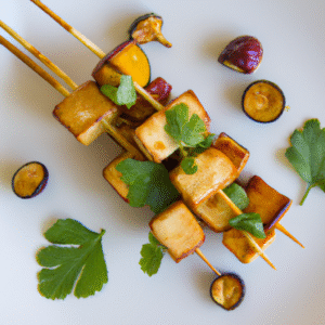 Mini brochettes de tofu caramélisé au gingembre et sauce soja maison- Les épices curieuses