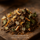 Mélange aromatique d'épices sur planche en bois pour cuisine exotique et épicée.