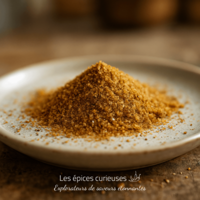 Tas de sucre brun sur une assiette en céramique, éclairage chaleureux, texture granuleuse.