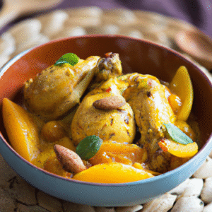 Tajine de poulet aux abricots secs, amandes et Ras el-Hanout- Les épices curieuses