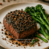 Steak au poivre avec broccolini, servi sur assiette blanche pour une expérience culinaire raffinée et savoureuse.