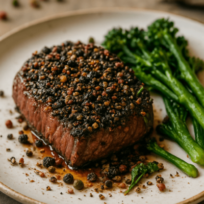 Steak au poivre avec broccolini, servi sur assiette blanche pour une expérience culinaire raffinée et savoureuse.
