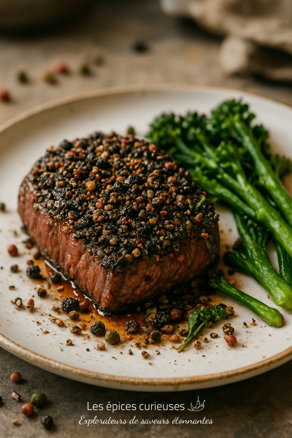 Steak au poivre avec broccolini, servi sur assiette blanche pour une expérience culinaire raffinée et savoureuse.