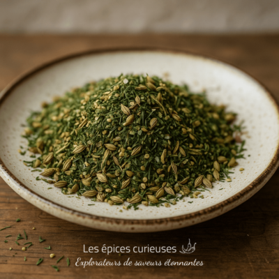 Assiette remplie de zaatar épicé, mélange traditionnel d'herbes et graines aromatiques.
