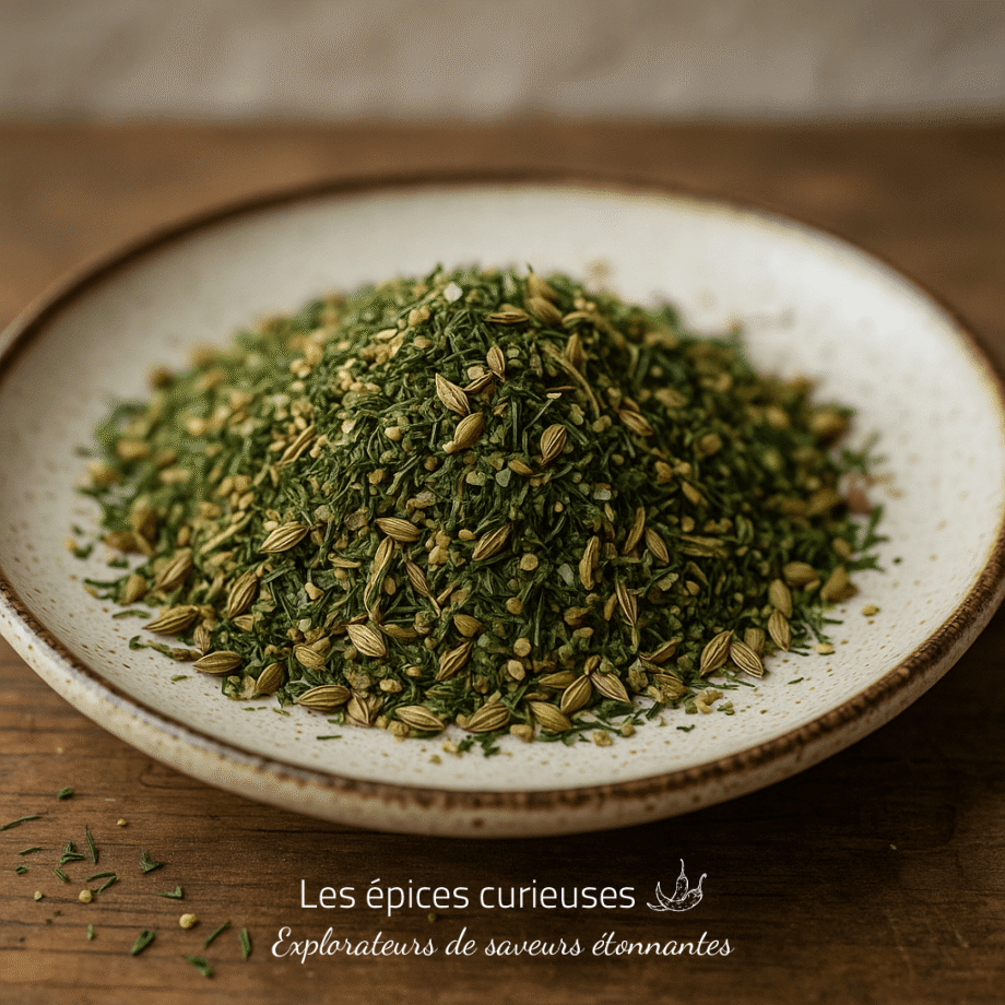 Assiette remplie de zaatar épicé, mélange traditionnel d'herbes et graines aromatiques.