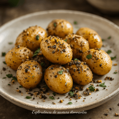 Pommes de terre rôties, assaisonnées d'herbes et d'épices, servies dans une assiette rustique.