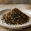 Assaisonnement japonais sur une assiette blanche, mélange de graines et d'épices variées pour rehausser les saveurs.