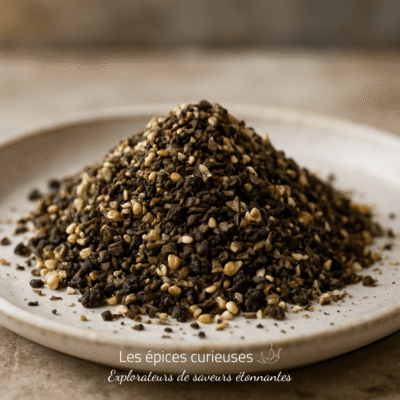 Assaisonnement japonais sur une assiette blanche, mélange de graines et d'épices variées pour rehausser les saveurs.