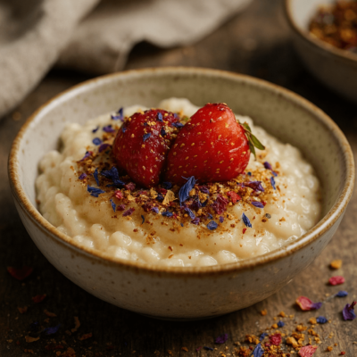 Bol de riz au lait garni de fraises fraîches et de fleurs séchées, posé sur une table rustique.