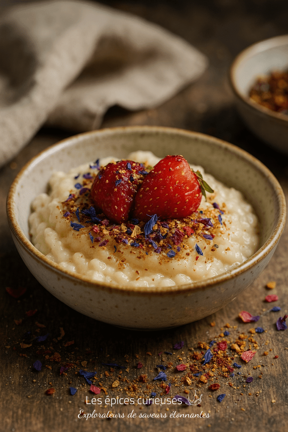 Bol de riz au lait garni de fraises fraîches et de fleurs séchées, posé sur une table rustique.