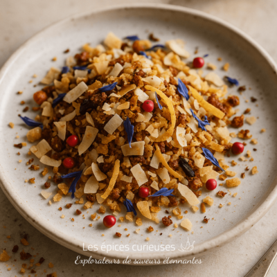 Assiette de crumble avec des copeaux de noix de coco, baies rouges et fleurs bleues sur un plat en céramique.