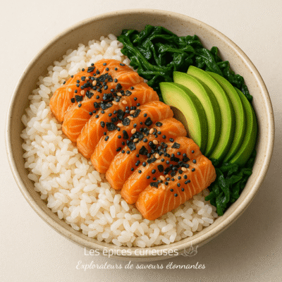 Bol poké au saumon, avocat et riz, garni d'algues et graines de sésame. Repas frais et sain.