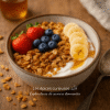 Bol de granola avec fraises, myrtilles, bananes et miel sur yaourt, posé sur une table en bois. Petit-déjeuner sain.