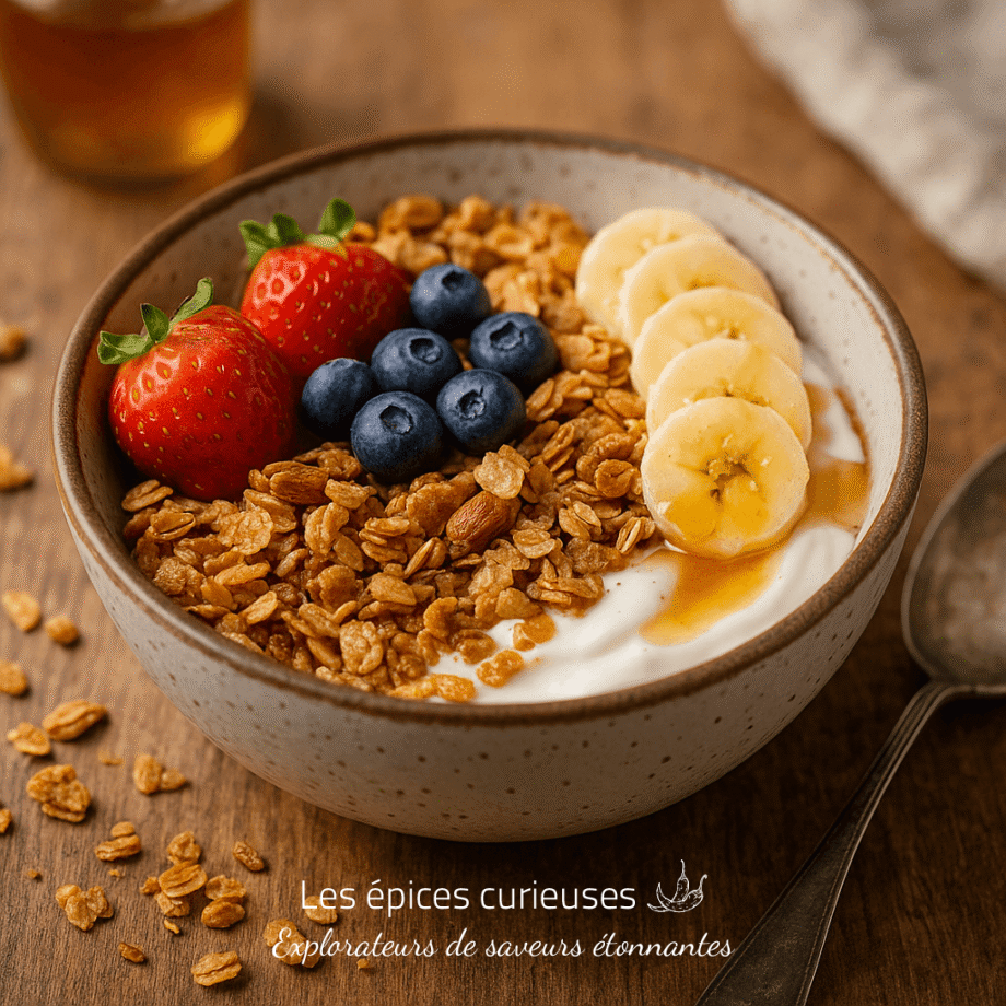 Bol de granola avec fraises, myrtilles, bananes et miel sur yaourt, posé sur une table en bois. Petit-déjeuner sain.