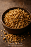Bol en bois rempli de granola croustillant sur une table en bois rustique. Idéal pour le petit-déjeuner ou les collations.