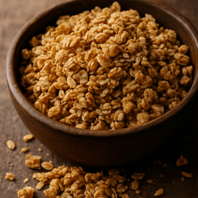 Bol en bois rempli de granola croustillant sur une table en bois rustique. Idéal pour le petit-déjeuner ou les collations.