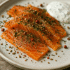 Tranches de saumon mariné aux épices avec sauce crémeuse, servies sur une assiette en céramique.