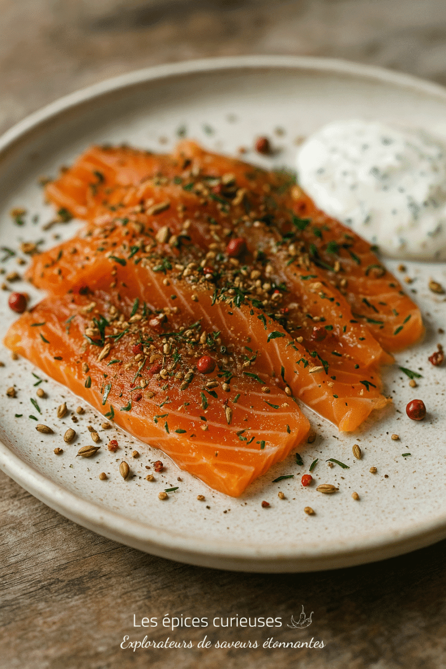 Tranches de saumon mariné aux épices avec sauce crémeuse, servies sur une assiette en céramique.