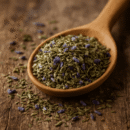 Cuillère en bois remplie de lavande séchée sur fond rustique en bois.