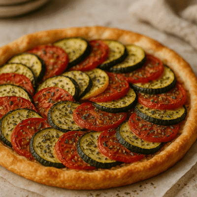 Tarte aux légumes colorée avec courgettes et tomates sur une pâte dorée, assaisonnée d'herbes aromatiques.