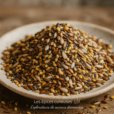 Assortiment de graines superaliments sur une assiette pour une alimentation saine et équilibrée.