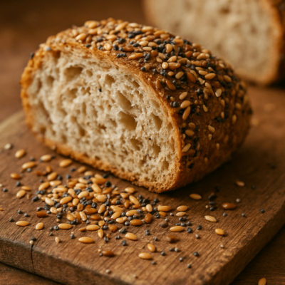 Pain de graines artisanales sur planche en bois, tranches et graines dispersées.