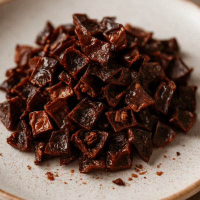 Morceaux de piment séché sur une assiette blanche, parfaits pour rehausser vos plats avec une touche épicée.