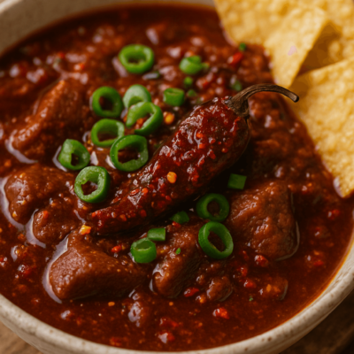 Bol de chili con carne épicé garni de piments verts et chips tortilla.