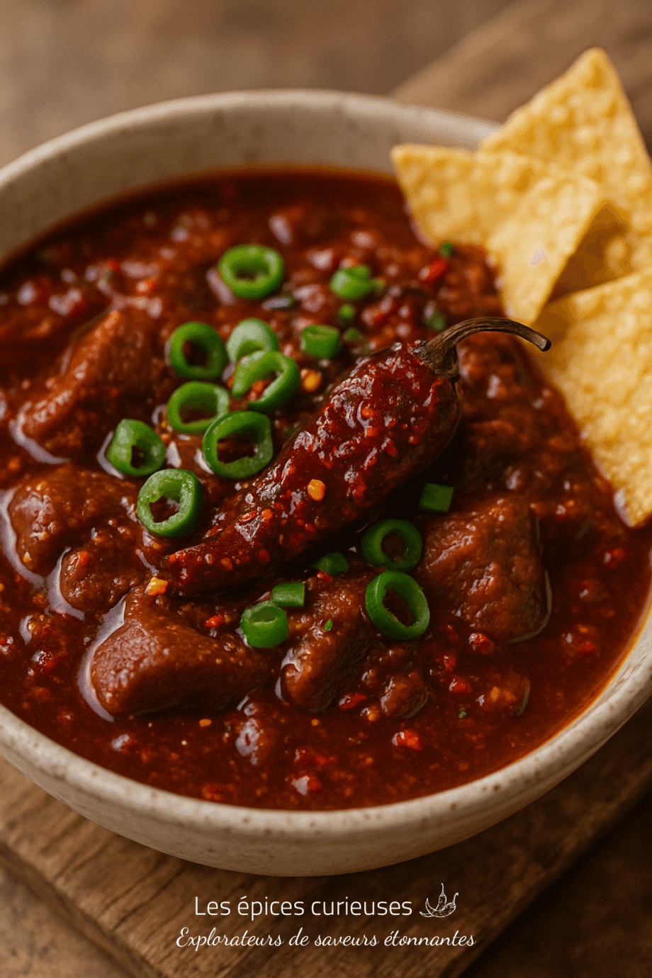 Bol de chili con carne épicé garni de piments verts et chips tortilla.