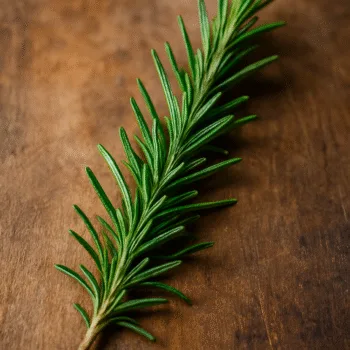 Brin de romarin frais sur une table en bois, idéal pour la cuisine méditerranéenne et les plats aromatiques.