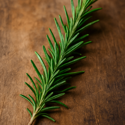 Brin de romarin frais sur une table en bois, idéal pour la cuisine méditerranéenne et les plats aromatiques.