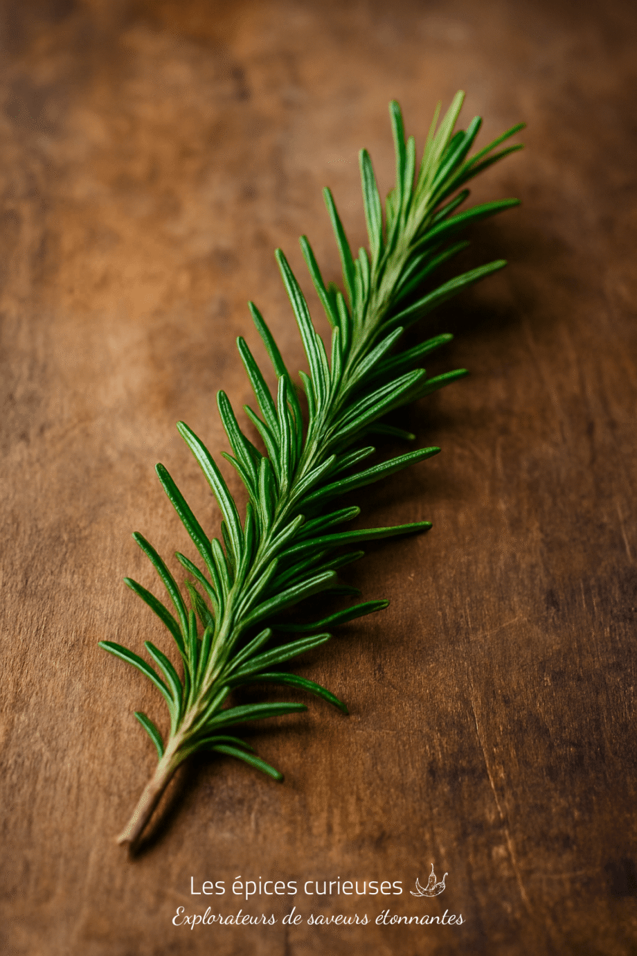 Brin de romarin frais sur une table en bois, idéal pour la cuisine méditerranéenne et les plats aromatiques.