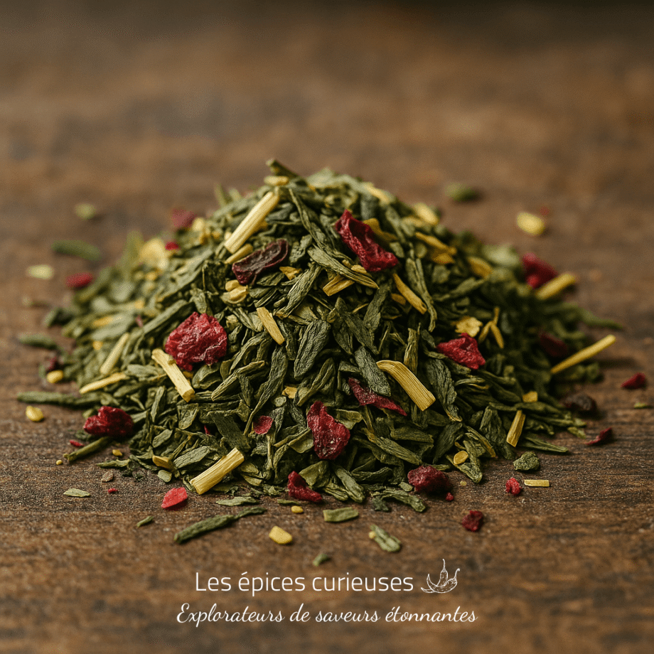 Mélange de thé vert avec baies rouges et herbes séchées sur une table en bois.