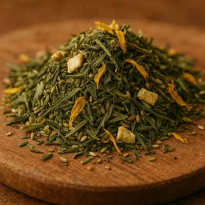 Mélange de thé vert avec zestes d'agrumes et fleurs séchées sur une planche en bois.