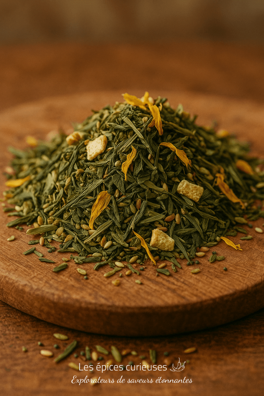 Mélange de thé vert avec zestes d'agrumes et fleurs séchées sur une planche en bois.