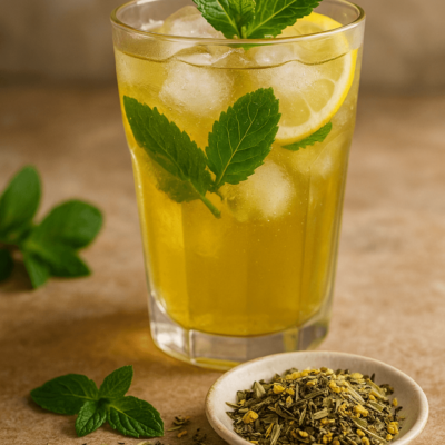 Verre de thé glacé à la menthe avec tranches de citron, feuilles fraîches et mélange de thé sur table rustique.