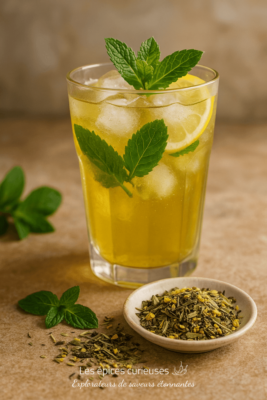 Verre de thé glacé à la menthe avec tranches de citron, feuilles fraîches et mélange de thé sur table rustique.