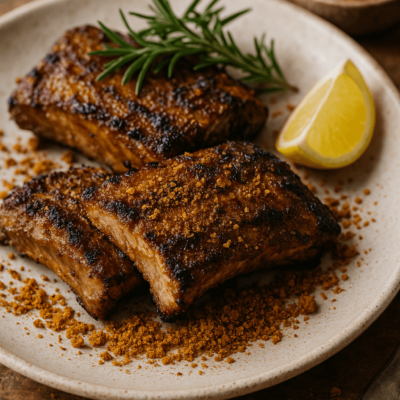 Côtes de porc grillées garnies d'épices, romarin et tranche de citron sur une assiette.