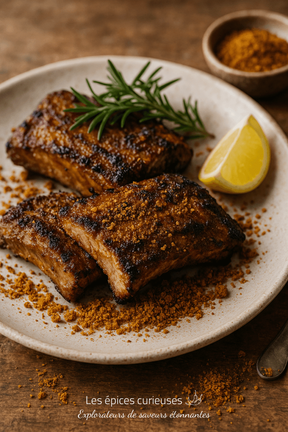 Côtes de porc grillées garnies d'épices, romarin et tranche de citron sur une assiette.