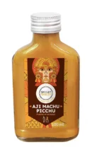Bouteille de sauce piquante Aji Machu Picchu, fraîche et acidulée, de 100 ml avec étiquette colorée inspirée de l'art péruvien.