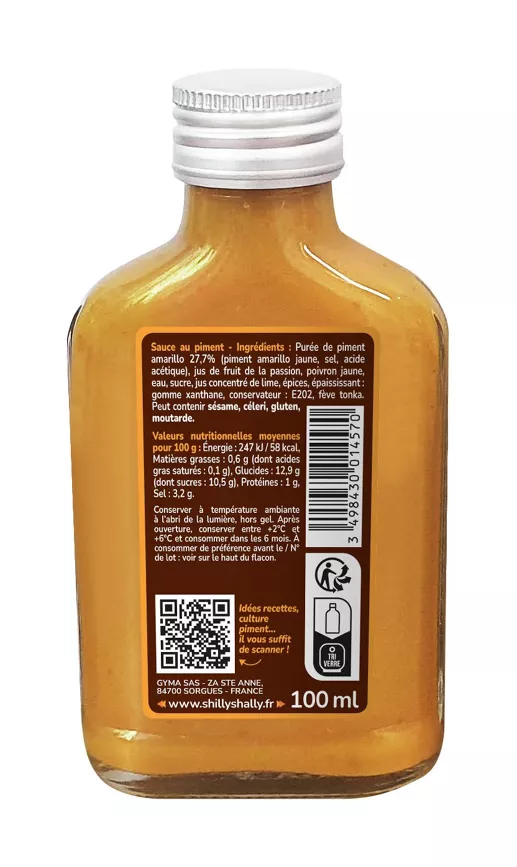 Flacon de sauce au piment amarillo, ingrédients détaillés, 100 ml. Idées recettes et plus via le QR code inclus.