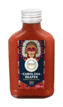 Sauce piquante Carolina Reaper, Shilly Shally, bouteille de 100 ml, intensité 12/12, design coloré.