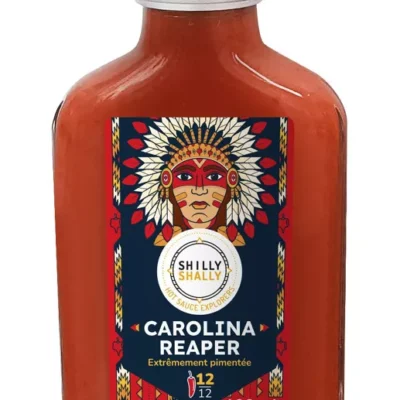 Sauce piquante Carolina Reaper, Shilly Shally, bouteille de 100 ml, intensité 12/12, design coloré.