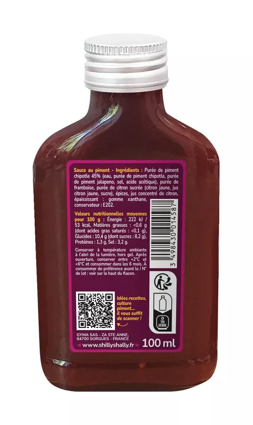 Sauce au piment chipotle et jalapeño 100 ml avec valeurs nutritionnelles et instructions de conservation.