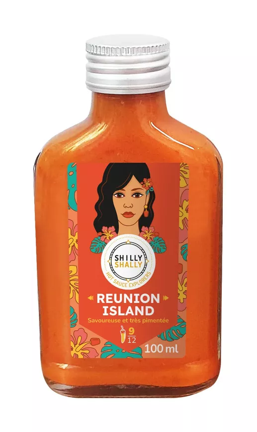 Bouteille de sauce piquante Reunion Island Shilly Shally, saveur exotique et pimentée, 100 ml.