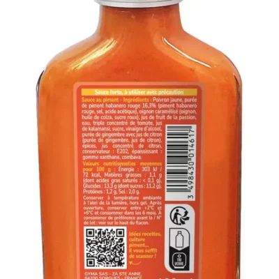 Bouteille de sauce pimentée habanero avec étiquette d'ingrédients et conseils d'utilisation. Format compact de 100 ml.
