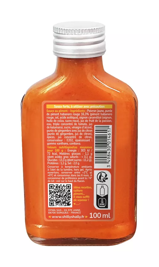 Bouteille de sauce pimentée habanero avec étiquette d'ingrédients et conseils d'utilisation. Format compact de 100 ml.