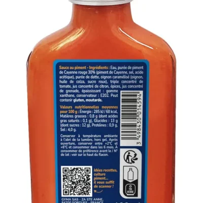 Bouteille de sauce au piment avec étiquette indiquant ingrédients et informations nutritionnelles, 100 ml.