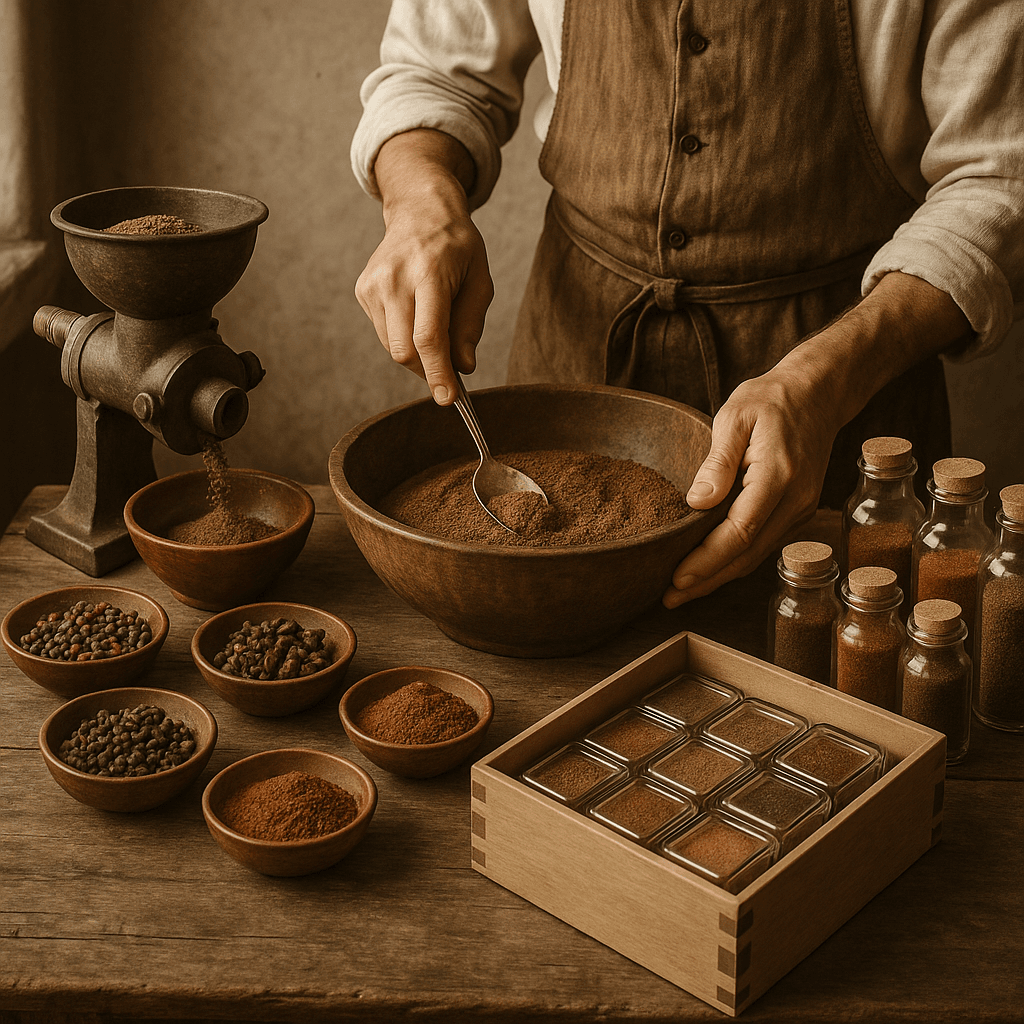 Homme mélangeant des épices moulues à la main avec un moulin, pots et bols sur une table en bois pour une préparation culinaire.