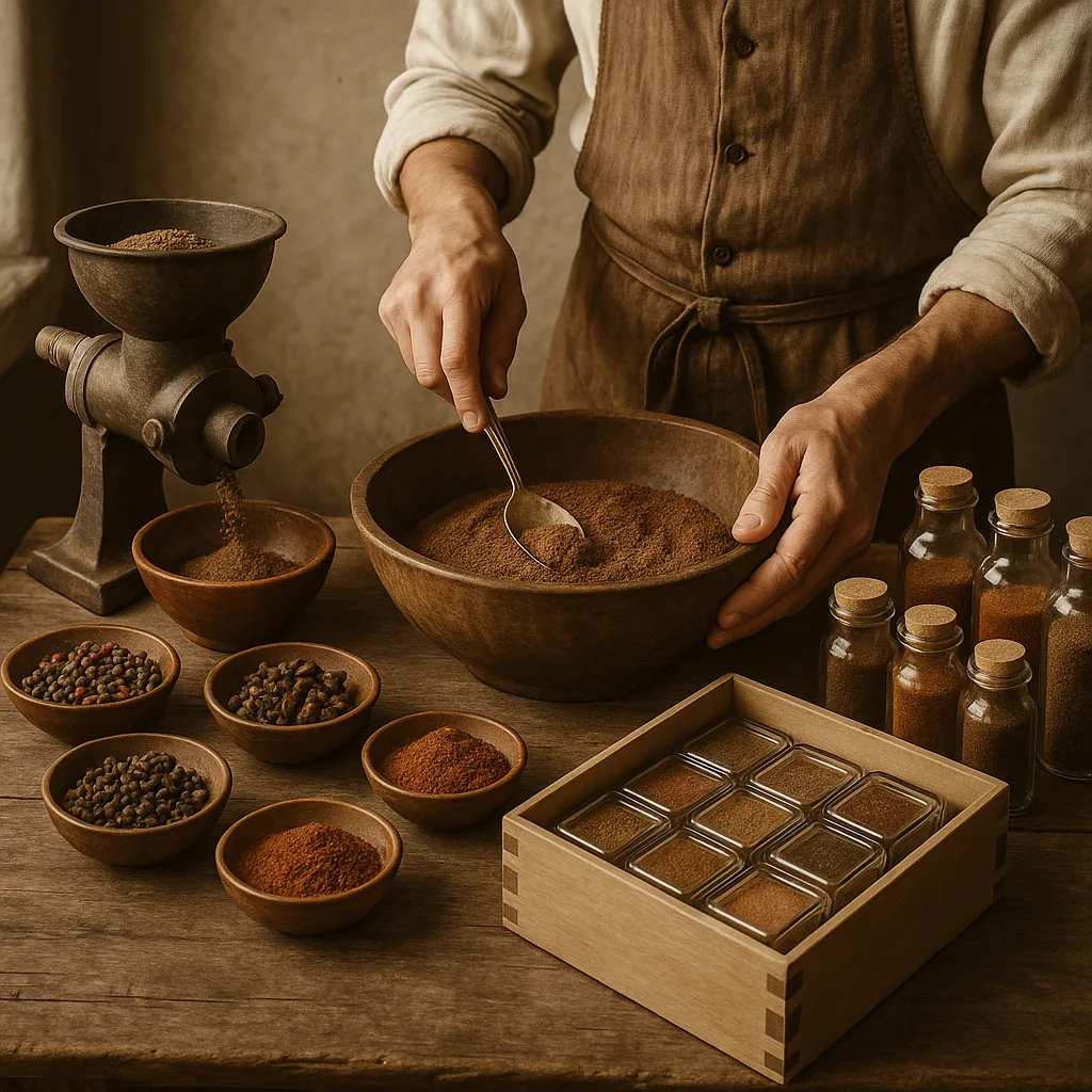 Homme mélangeant des épices moulues à la main avec un moulin, pots et bols sur une table en bois pour une préparation culinaire.